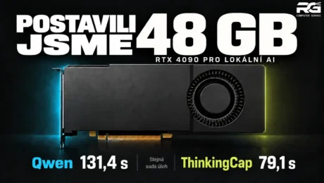 Postavili jsme RTX 4090 48 GB pro lokální AI | RG Computer Service RTX 4090 přestavěná na 48 GB pro lokální AI; srovnání času stejné sady úloh: Qwen 131,4 s a ThinkingCap 79,1 s.