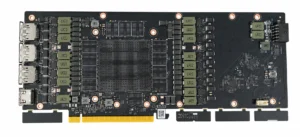 Přední strana náhradního PCB s pozicí pro grafický čip a dvanáct paměťových čipů.